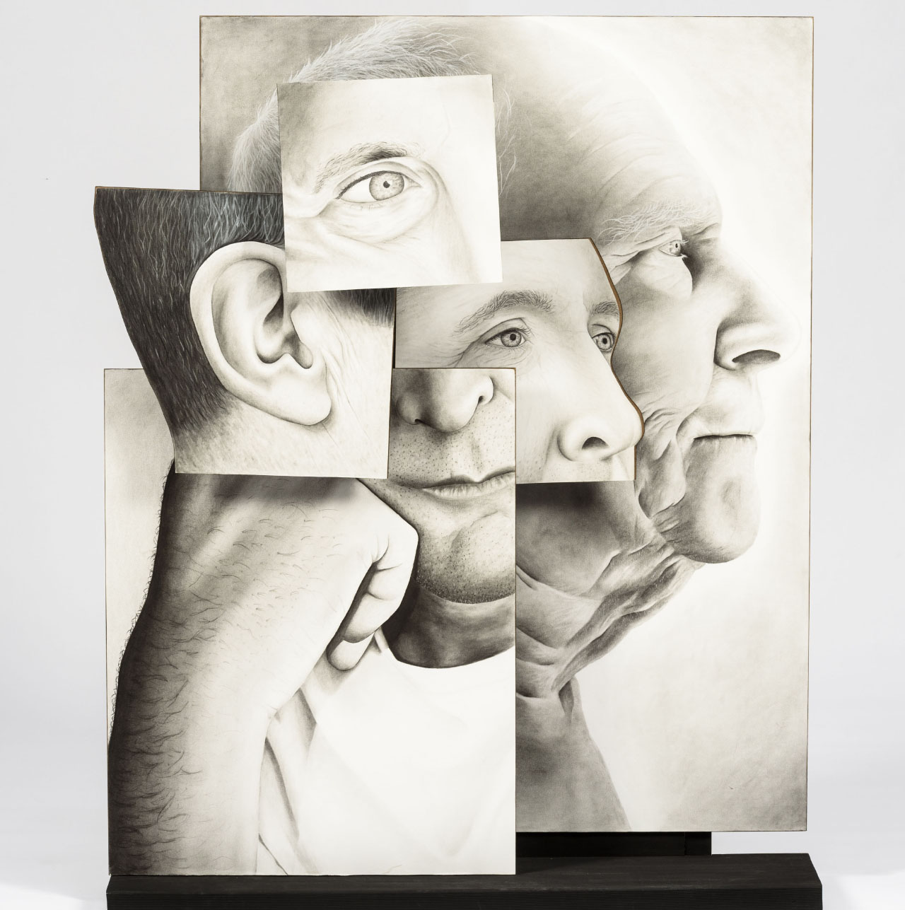 multiple panels of portait detailing, an eye, ear, nose, hand and profile, illustrated in black and white overlapping one another, standing on black base.