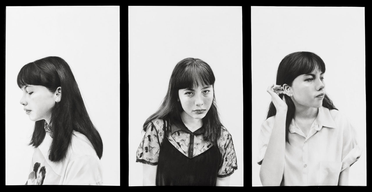 three black and white portraits of the same girl different angles, dark features.