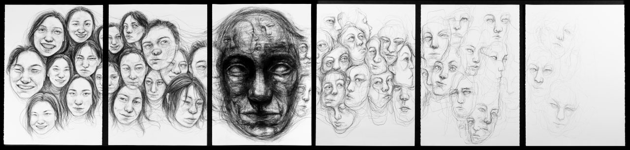 six panels in one row, floating faces sketched and shaded across the panels, contrasting darkening and fading.