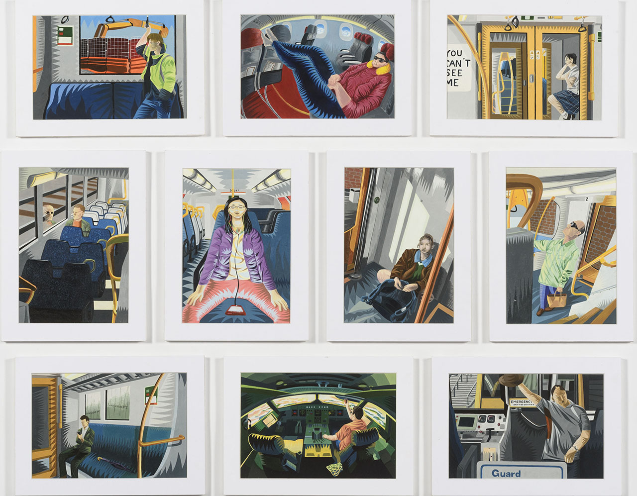 ten detailed acrylic paintings of individuals siting on public trains, planes and buses, repeated angular patterns and vivid use of colour.