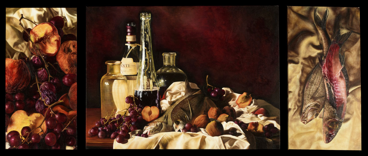 three still life oil paintings of exotic food on a table, warm and dark hues used on a deep red background.