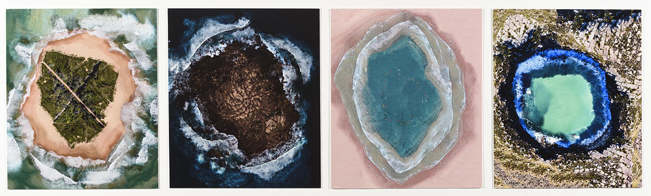 four topographical circular photographs of maniuplated sea-scapes in shades of green, blue, pink and brown.