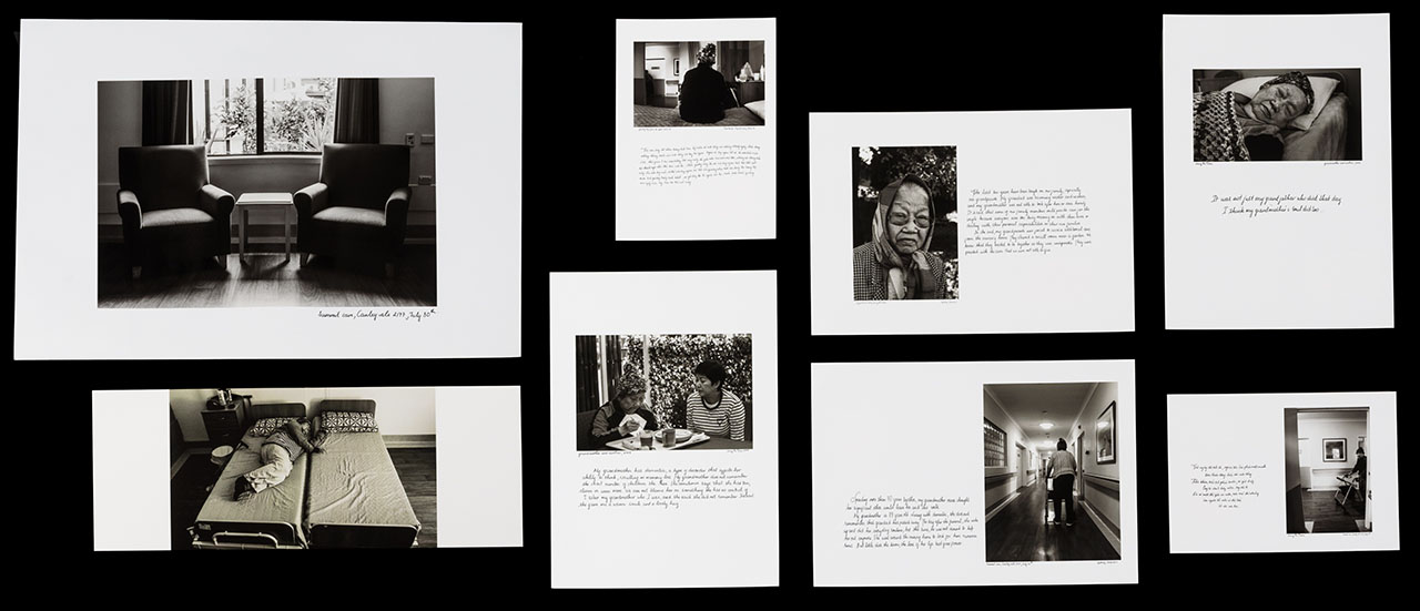 eight panels varied sizing, black and white photographs with small paragraphs of text on a black background.