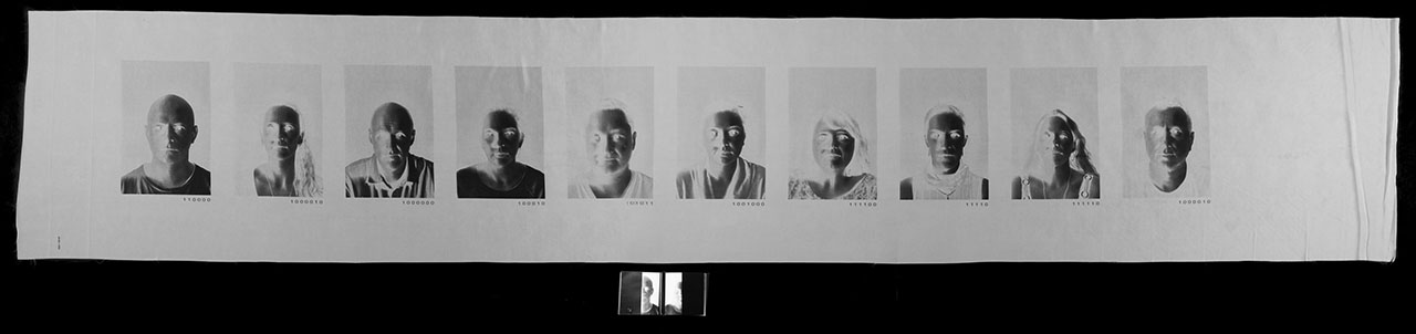 ten individual digital portraits in a row in black and white and shades of grey, an open book sits below.