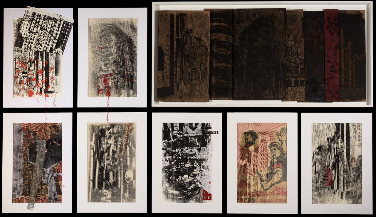seven long collaged panels layered with buildings and Chinese symbols with splashes of red and one long panel of woodblocks with printed features.