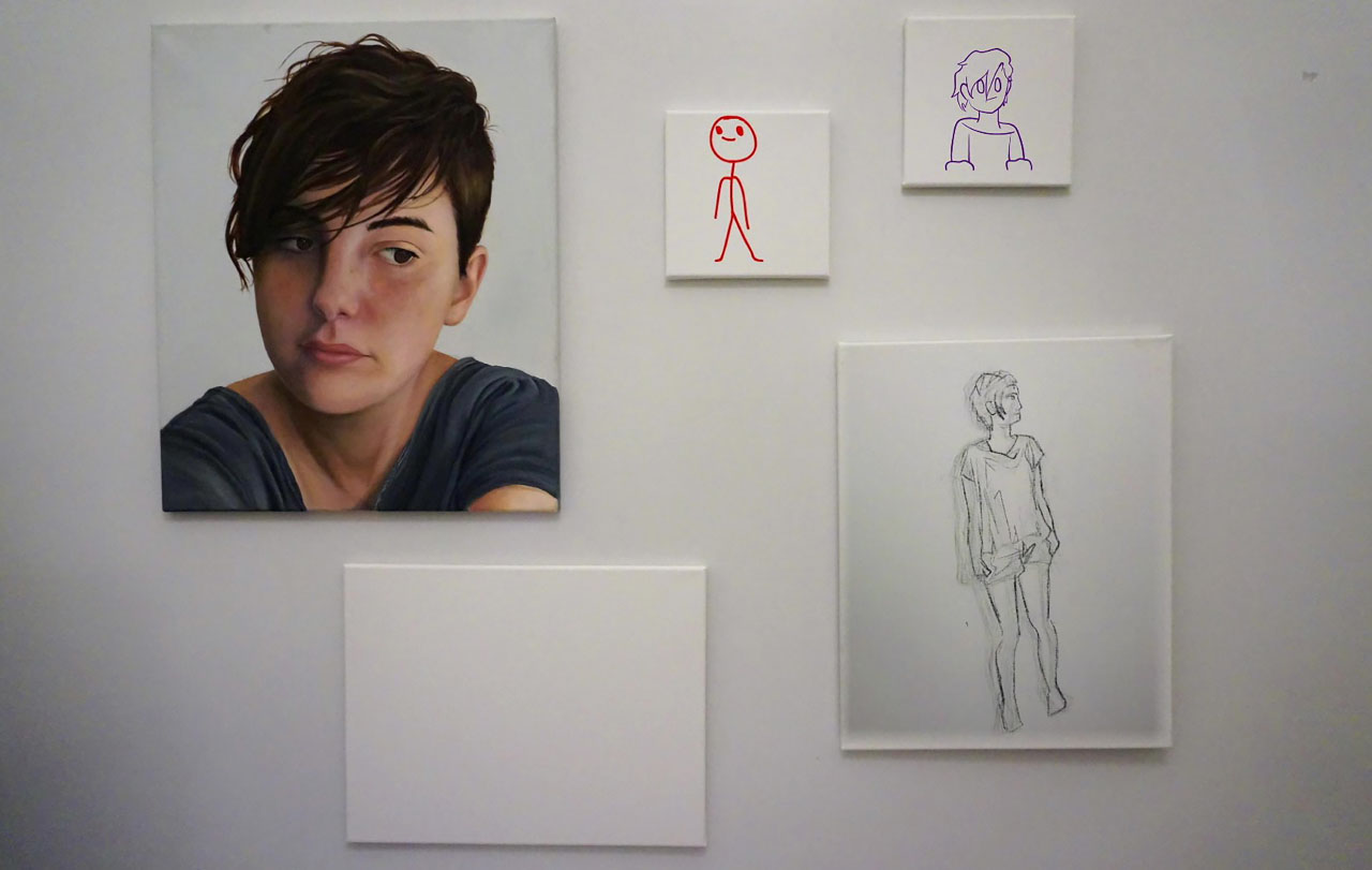 gallery wall, four variations of portraits painted, illustrated and sketched on individual panels.