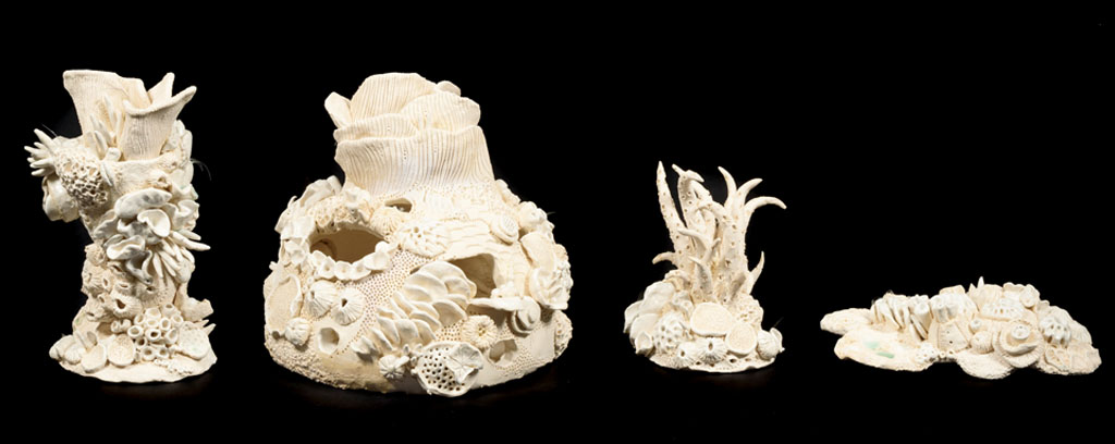 four bleached coral ceramics, curved lines and textural features, varied sizes.