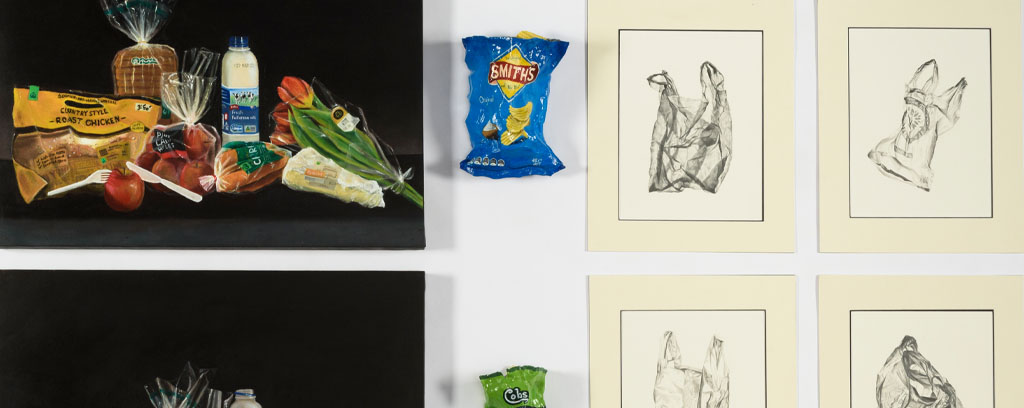 two panels, before and after oil paintings of food before consumption and plastic remains after, four black and white illustrations of plastic bags and two model plastic chip packets.