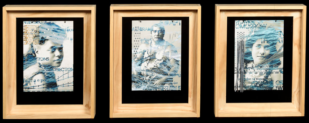 six panels in a row of collaged portraits, grainy shades, in wooden frames.
