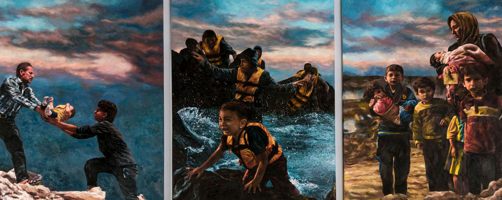 three large oil paintings, portraits in shades of blue and earth tones and a golden life jacket object.