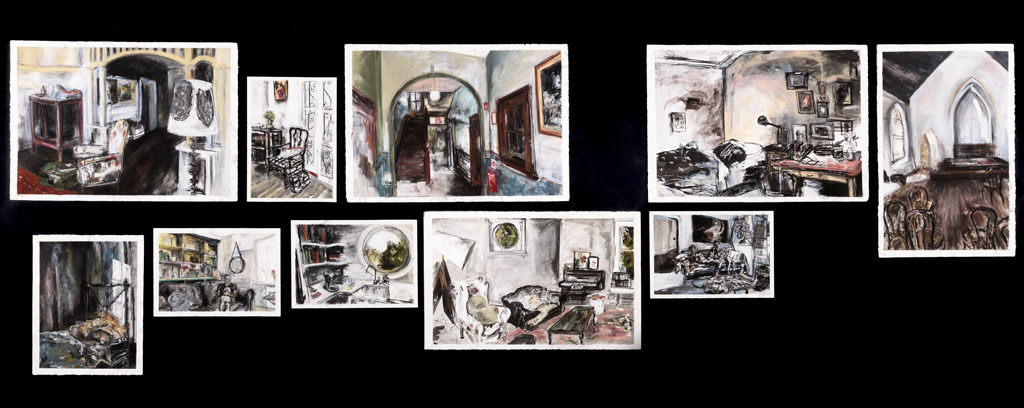 ten panels, detailed charcoal drawings of rooms within a home.