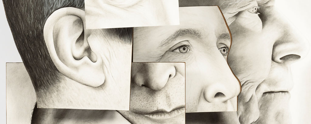 multiple panels of portait detailing, an eye, ear, nose, hand and profile, illustrated in black and white overlapping one another, standing on black base.