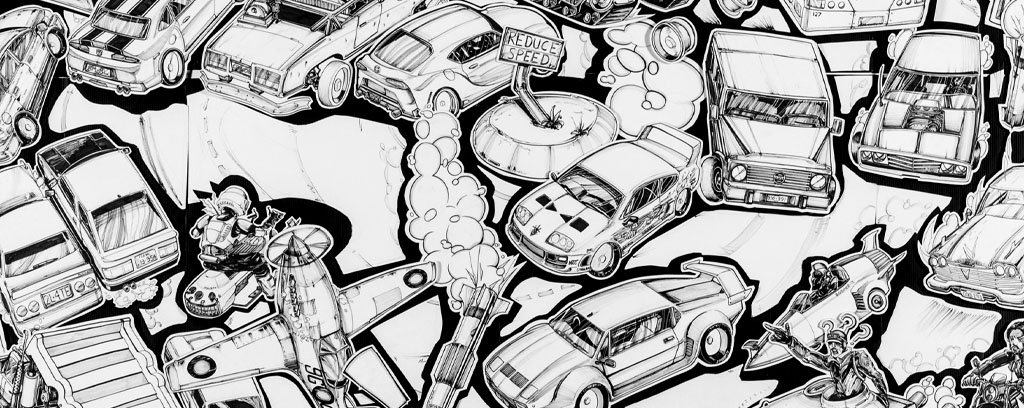 round collection of black and white line drawings of vehicles, cars, motorcycles, planes, buses and trucks overlapping in chaos on black background.
