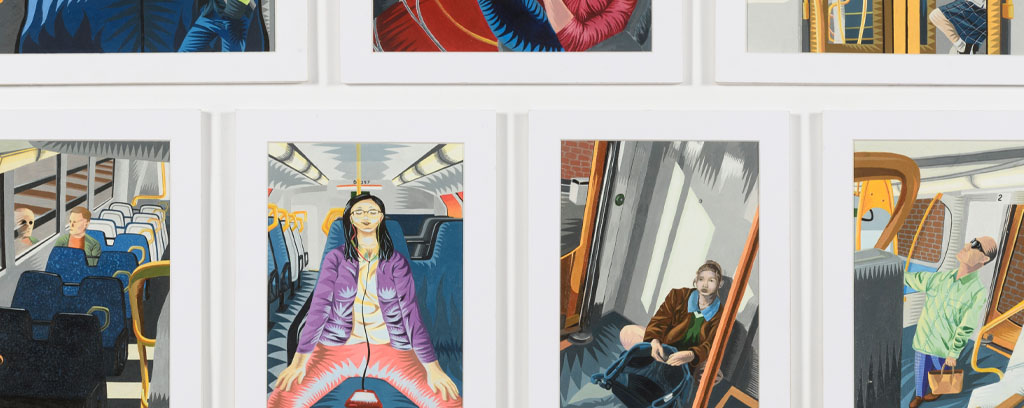 ten detailed acrylic paintings of individuals siting on public trains, planes and buses, repeated angular patterns and vivid use of colour.