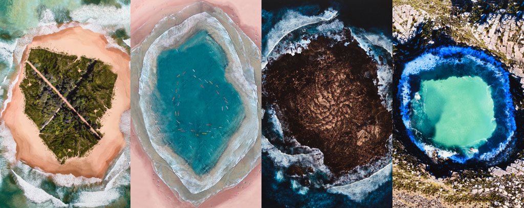 four topographical circular photographs of maniuplated sea-scapes in shades of green, blue, pink and brown.