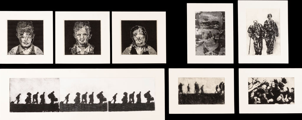 eight white framed panels, varied sizes, all black and white illustrations of war, layered silhouettes on black background.