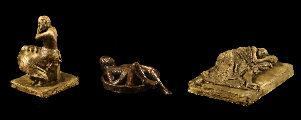 two drawings, two clay sculptures of a figure leaning out of a window and three bronze sculpture of a nude female form.