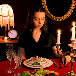 Young woman dressed in black sitting at table looking down towards a full plate of food