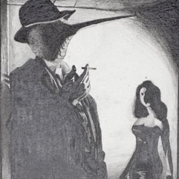 pencil drawing of a bird-headed man with long beak holding cigarette and woman in background