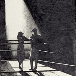 pencil drawing of two silhouettes in a boxing ring