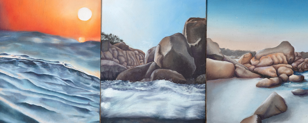 A collection of eight oil paintings on wood depicting landscapes.