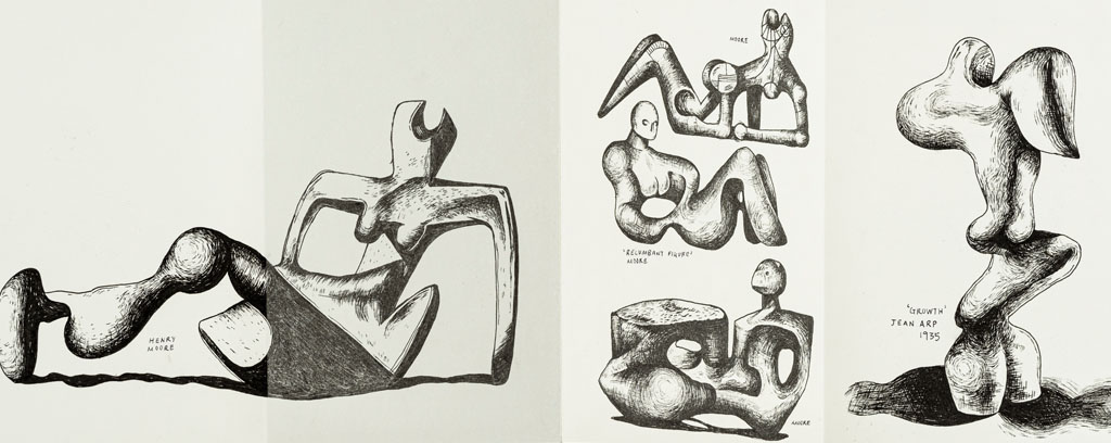 A collection of work including a stone sculpture and sketches of the human form depicted in an abstracted and distorted manner.