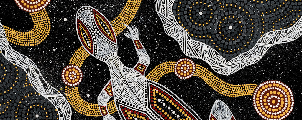 Dot painting depicting a goanna, the earth and the  night sky.