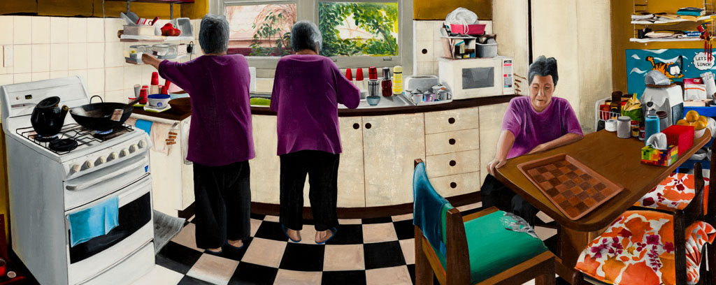 A collection of five colourful acrylic paintings depicting home life.