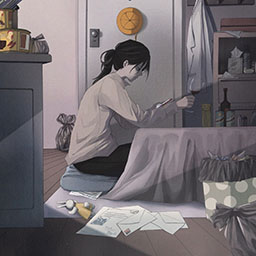 animated scene of young woman sitting on the floor in her bedroom holding glass