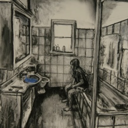 drawing of bathroom in grey tones and shadows with girl sitting on edge of bathtub