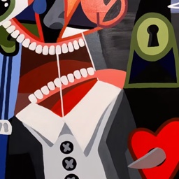 collage of colourful animated abstract designs featuring teeth and a keyhole