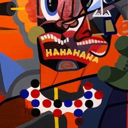 collage of colourful animated abstract designs featuring image of a clown