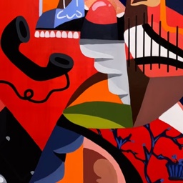 collage of colourful animated abstract designs featuring a phone