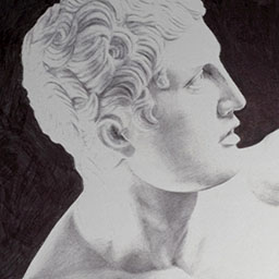 classical Greek male sculpture in white side view