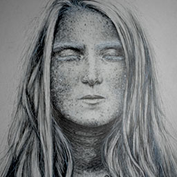 close up black and white pencil drawing of blonde young woman with her eyes closed