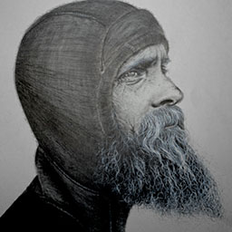 close up black and white pencil drawing of man with beard wearing a wetsuit