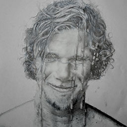 close up black and white pencil drawing of young man with messy wet hair smiling