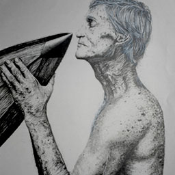 close up black and white pencil drawing of man holding surfboard with his eyes closed