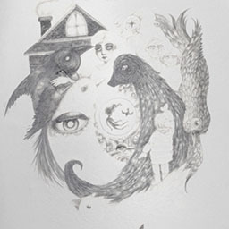 close up morphed whimsical graphite drawing of house and fairytale scene