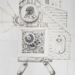 close up of abstract drawing of house standing on long thin legs