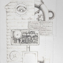 close up of morphed whimsical graphite drawing of house and industrial details on legs