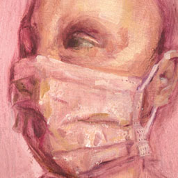abstract grainy portrait of person wearing face mask in pink tones