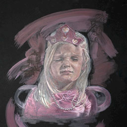 abstract painted portrait of young girl with sad face wearing a crown in pink tones