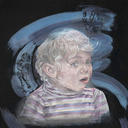 abstract painted portrait of young boy with surprised face wearing a striped shirt in blue tones