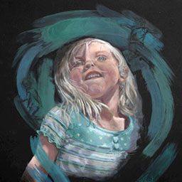 abstract painted portrait of young girl with cheeky face in green tones
