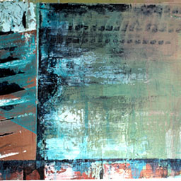close up of modernist abstract painting using green and blue tones on wooden texture