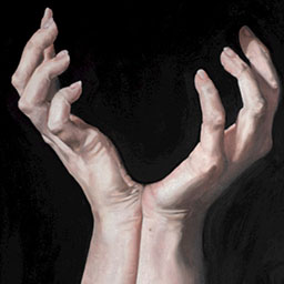 two hands joined together at the wrists with all fingers bent pointing up on black background