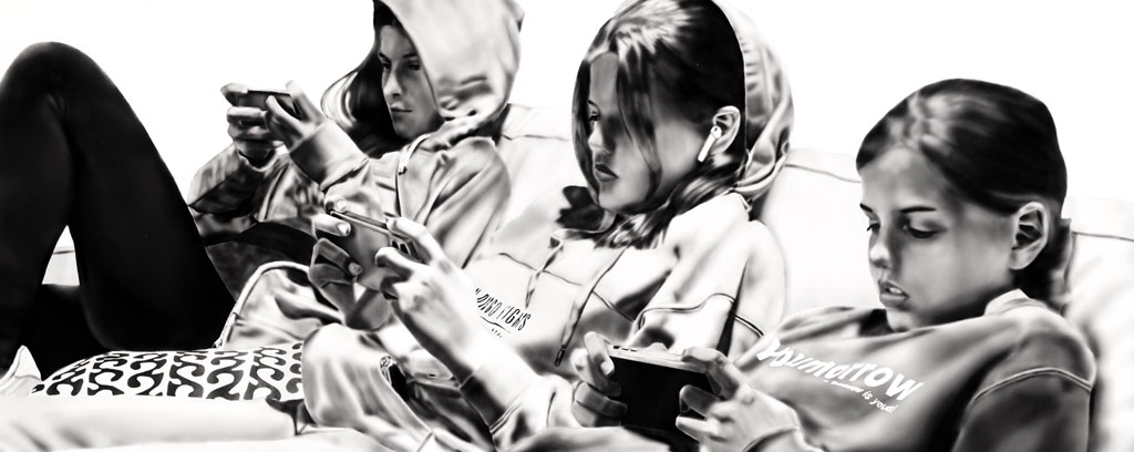 six black and white digital drawings of people on devices