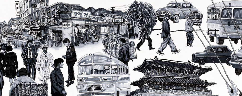 three detailed line drawings of the streets and figures in South Korea
