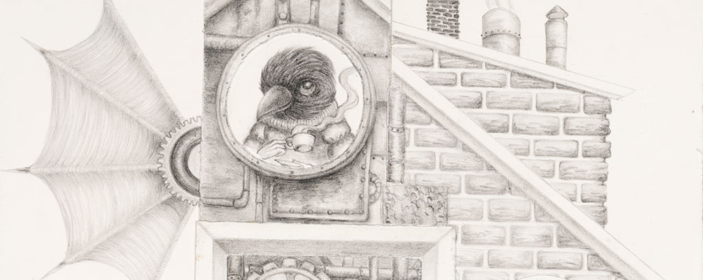 series of morphed whimsical graphite drawings of abstract houses and animals